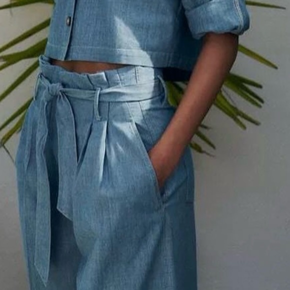 Zara Pants - Zara Light Blue linen Wide-Leg Tie-Waist Pants